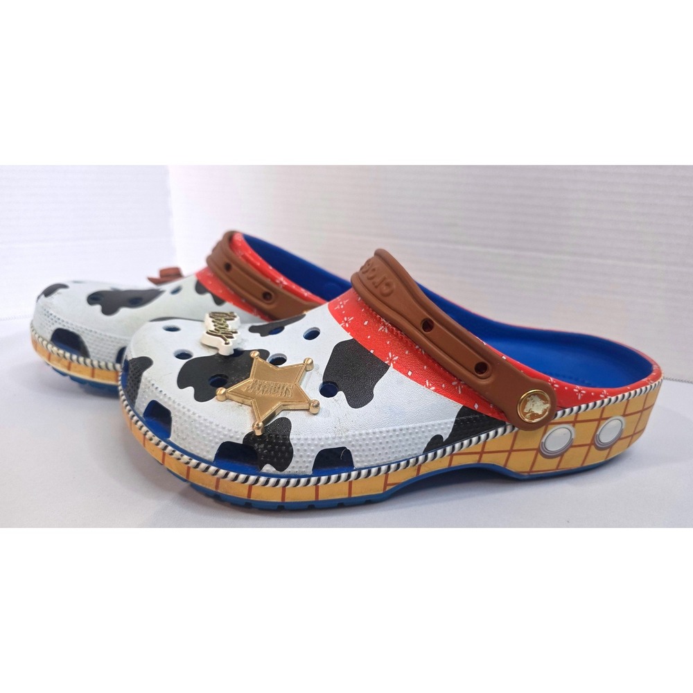 Crocs Toy Story Woody Classic Clogs Cow Print Blue Red Mens 9 Womens 11